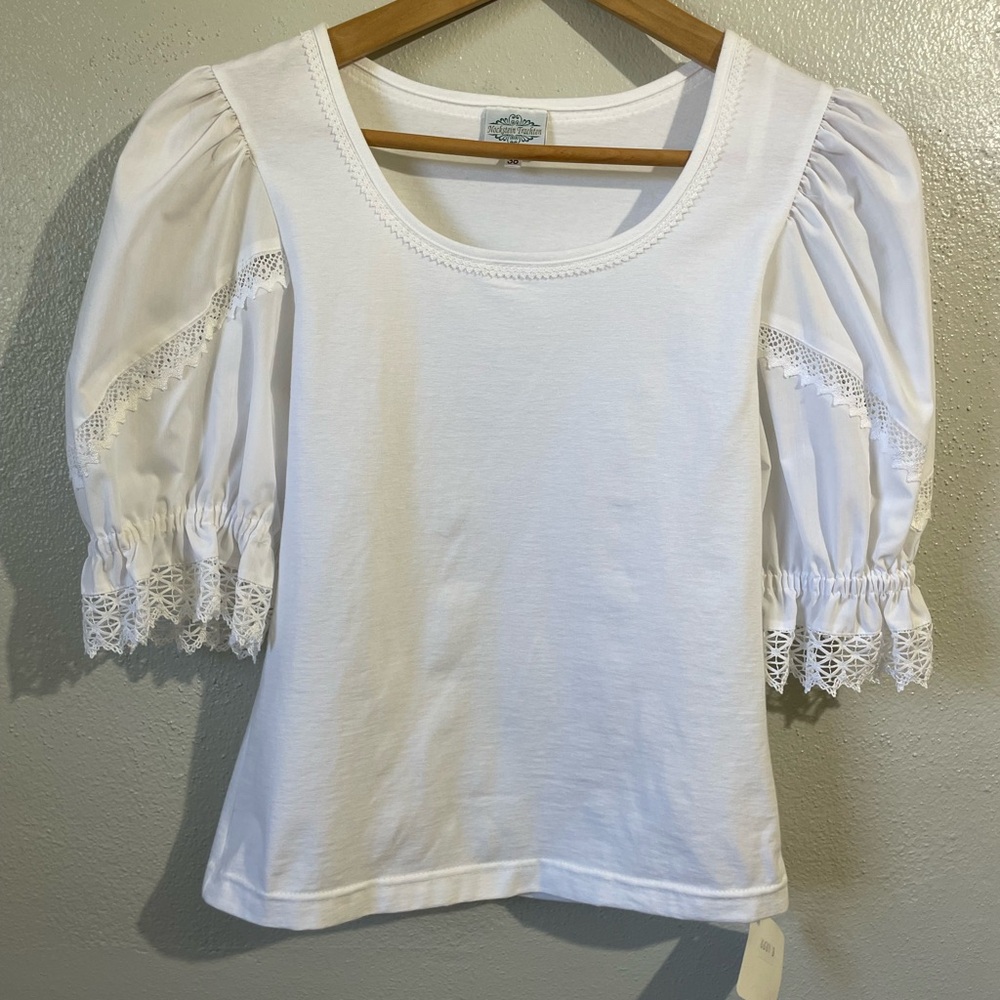 Nockstein Trachten White Alpine Blouse Puff Sleeve Lace Cottagecore Medium NWT